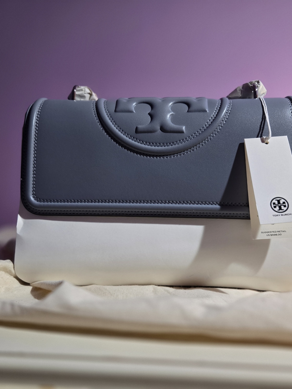Tory Burch Light Blue/Gray Leather Shoulder Bag with Embossed Logo
